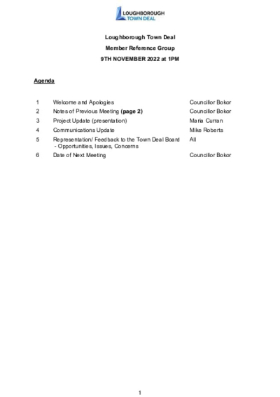 Loughborough Town Deal Member Reference Group meeting agenda - November 9, 2022