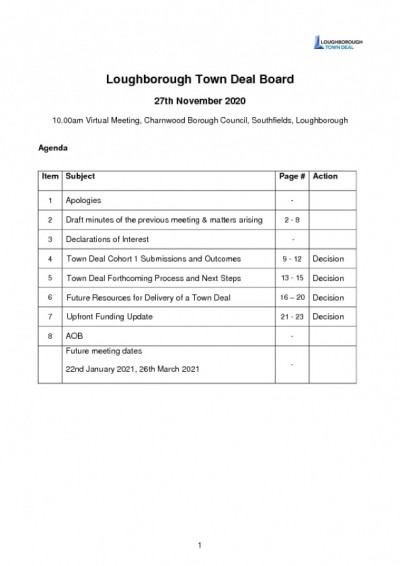 Loughborough Town Deal Board Meeting - November 27, 2020 - Agenda