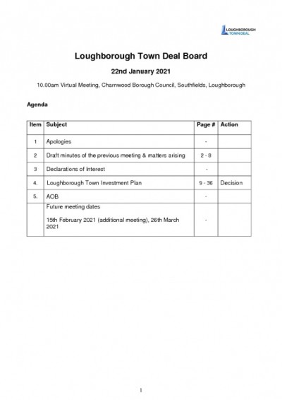 Loughborough Town Deal Board Agenda January 22, 2021