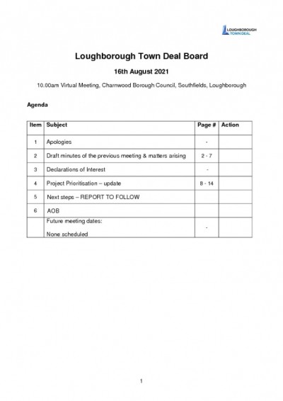 Loughborough Town Deal Board Meeting - August 16, 2021 - Meeting Agenda