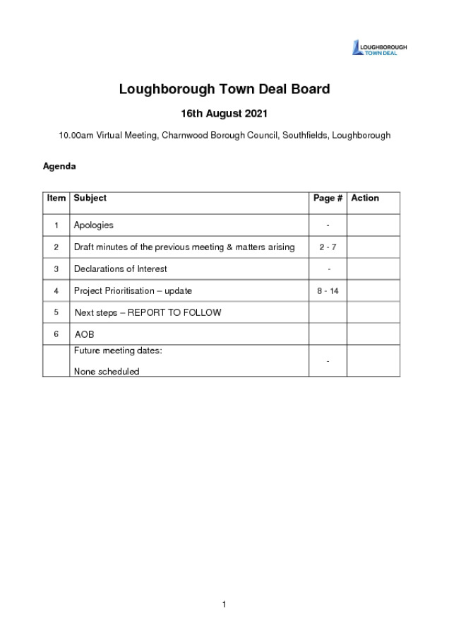 Loughborough Town Deal Board Meeting - August 16, 2021 - Meeting Agenda