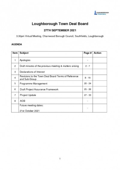 Loughborough Town Deal Board - Meeting Agenda - September 27, 2021