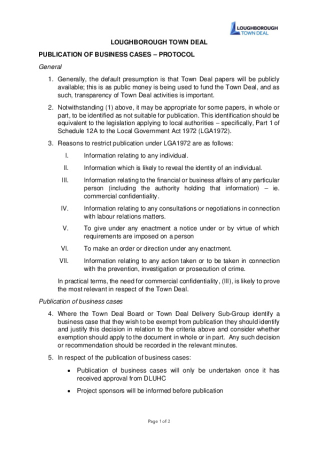 Town Deal Board Protocol for Release of Business Cases