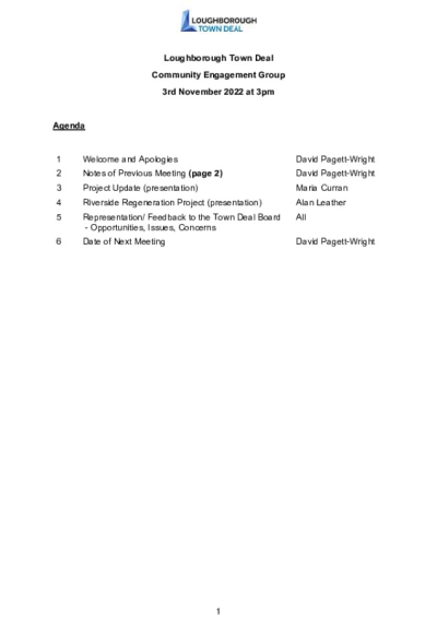 Loughborough Town Deal Community Engagement Group meeting agenda - November 3, 2022