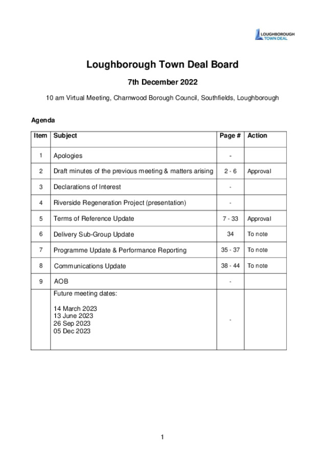 Loughborough Town Deal Board meeting agenda - Wednesday December 7, 2022