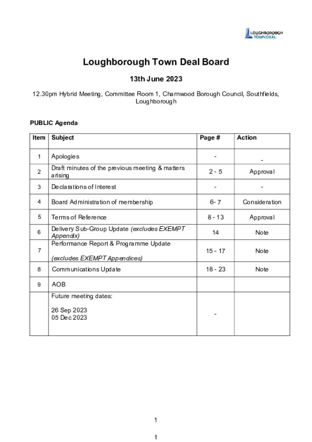 Loughborough Town Deal Board - Meeting Agenda - Tuesday June 13, 2023