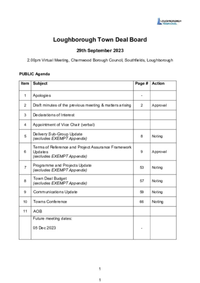 Loughborough Town Deal Board  - Meeting Agenda - Friday September 29, 2023