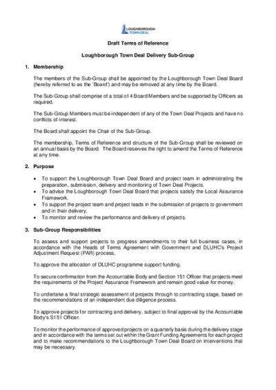 Loughborough Town Deal Delivery Sub Group - Terms of Reference