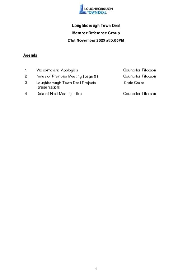 Loughborough Town Deal Member Reference Group - Meeting Agenda - November 21, 2023