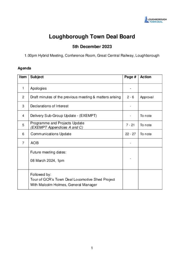 Loughborough Town Deal Board - Meeting Agenda - Tuesday December 5, 2023