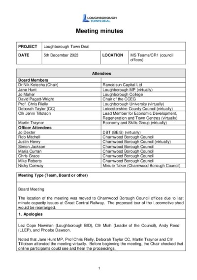Loughborough Town Deal Board - Meeting Minutes - Tuesday December 5, 2023