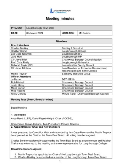 Loughborough Town Deal Board Meeting Minutes - Friday March 8, 2024