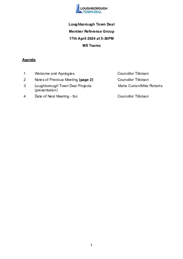 Loughborough Town Deal Member Reference Group - Meeting Agenda - April 17, 2024